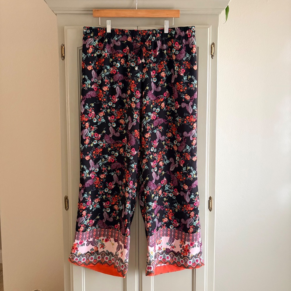 ROZ & ALI Floral Paisley Wide Leg Black Palazzo Pants Size XL